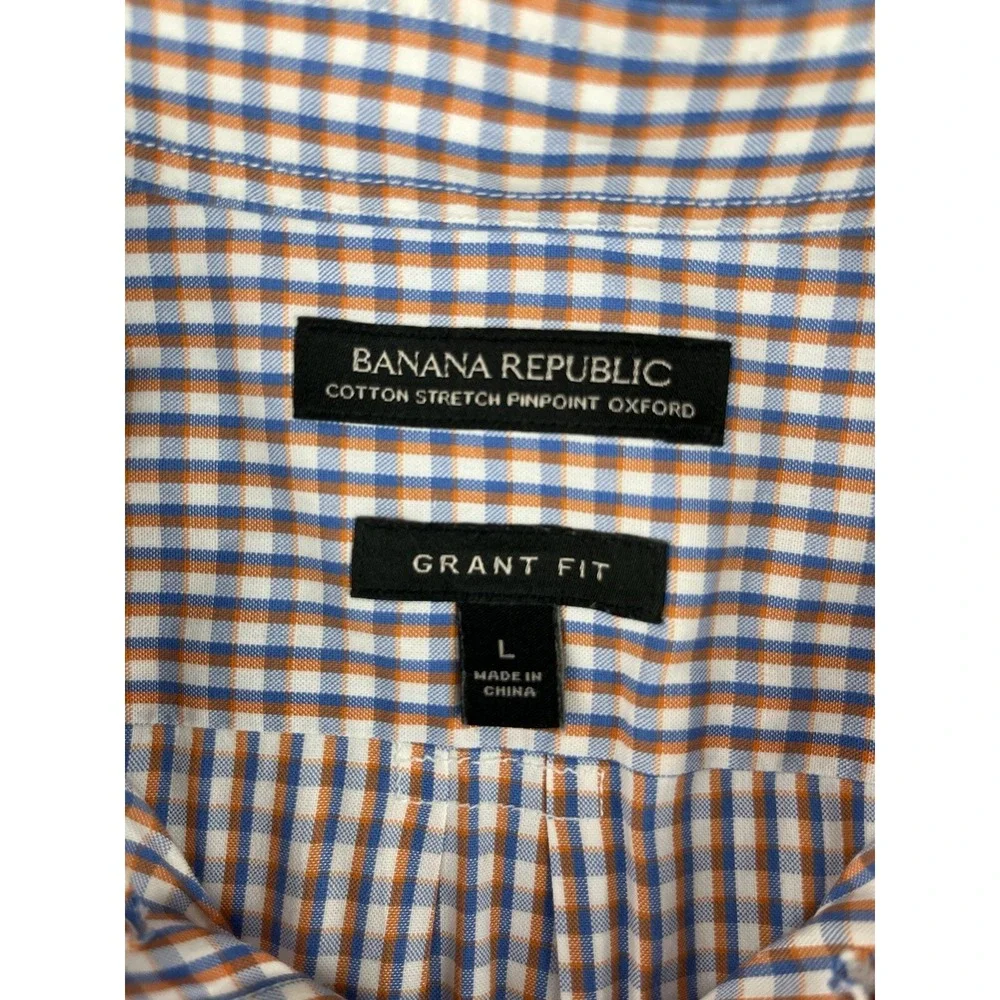 BANANA REPUBLIC Shirt Men Large Check Gingham Grant Fit Stretch Pinpoint Oxford